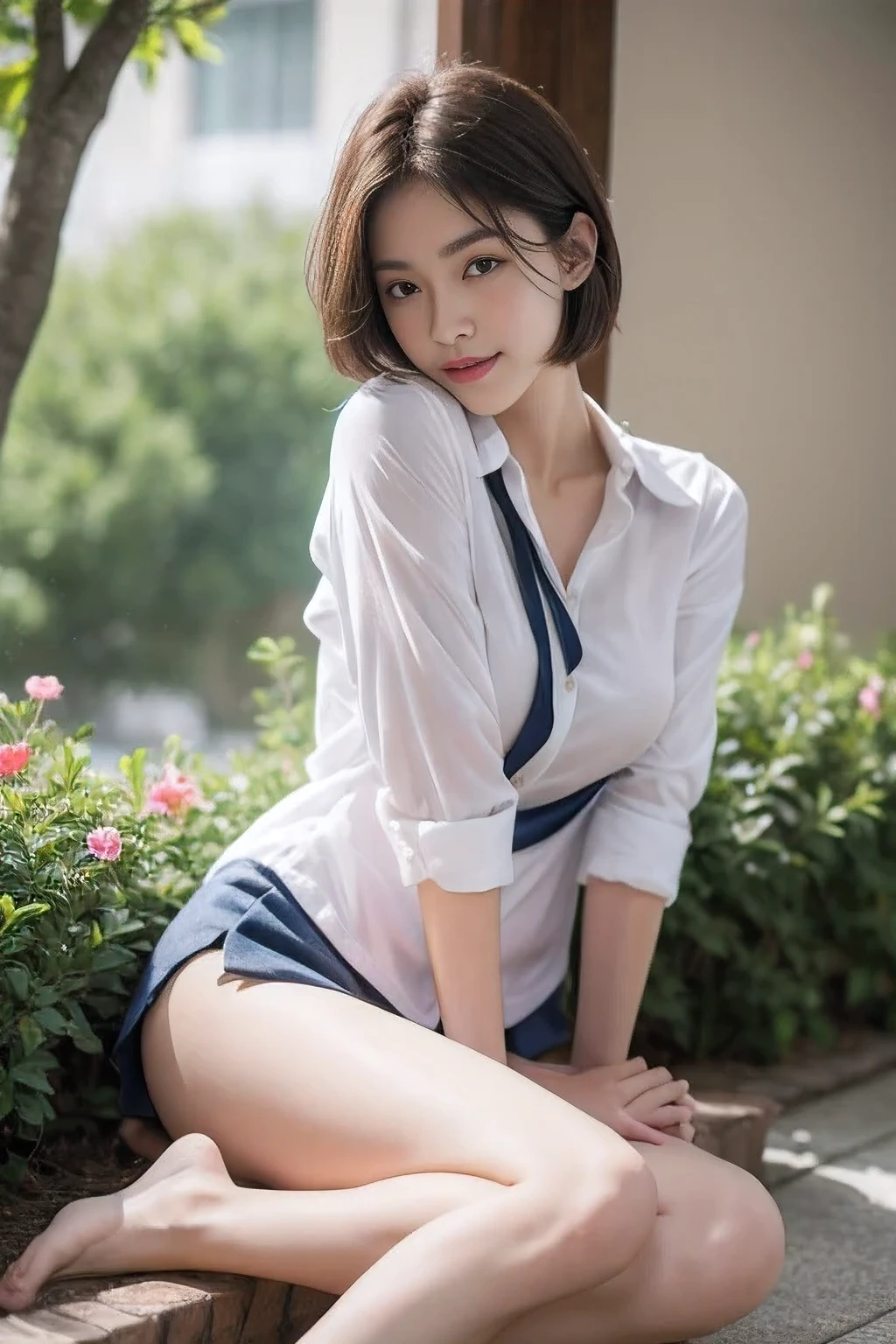 NSFW, 8k RAW photo, top-quality, masterpiece, 超A high resolution, film grains, filmg, 1girl in, looking at the viewers, natural skin textures, realistic eyes and face details, Full lips,, Fluffy short hair, hair messy, A smile, closes mouth, Beautiful legs, Tall lady, skiny, slim_Legs, solo, huge-breasted, The shirt, Beautiful natural places, Around the position of the flower, (Detailed background), sexy school girl uniform
