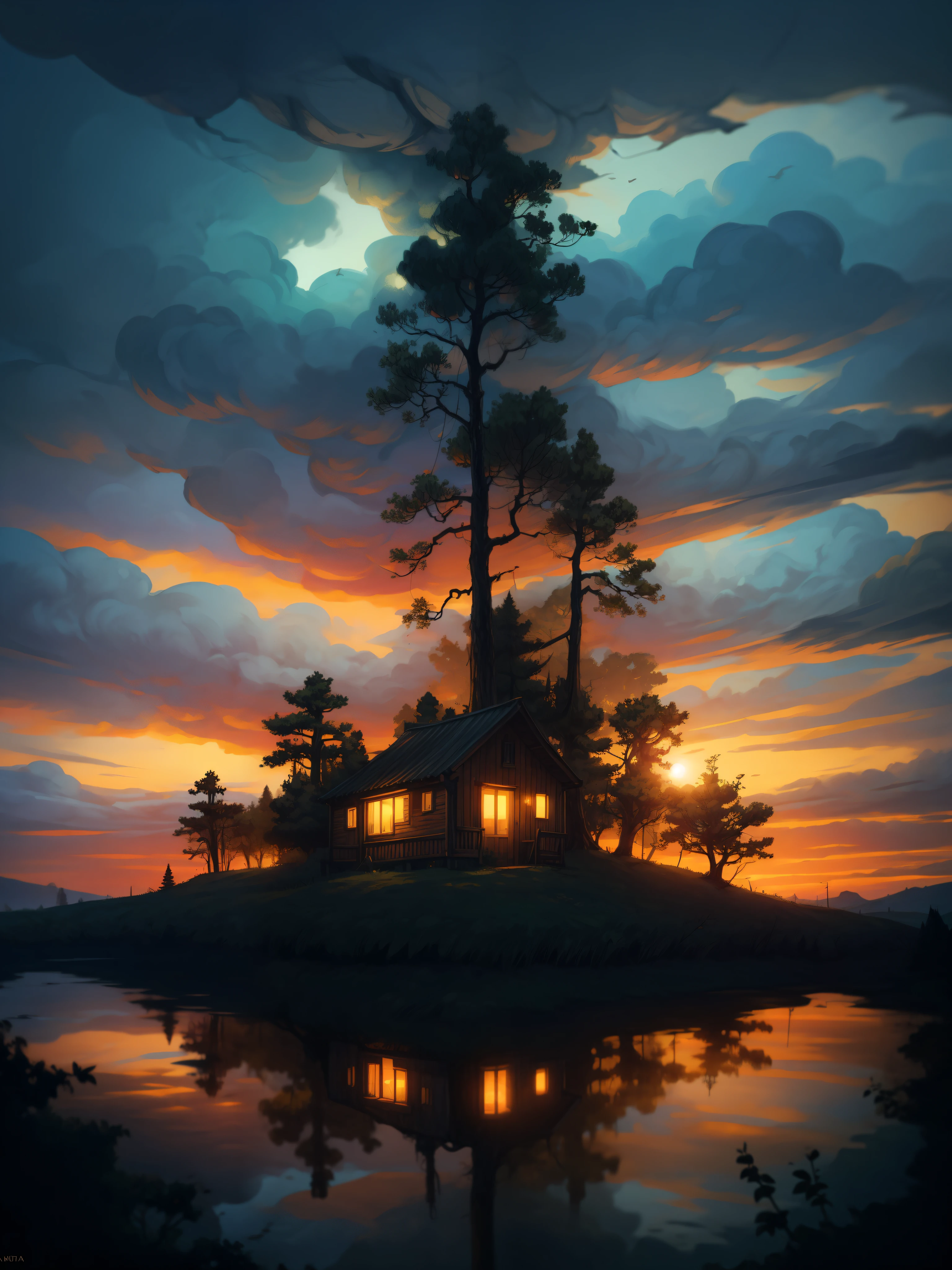 aerial view of cabin in a scenery from a mystical movie, mystical, string lights, evening time, dim light, vibrant tones, mysterious forest of pandora, thick lines, cozy tones, ruver, reflection, unique trees, mystical world, dramatic cloudy sky, magical, shade, shadow, ghibli style, outdoors, cozy atmosphere, micro landscape, intrinsic details