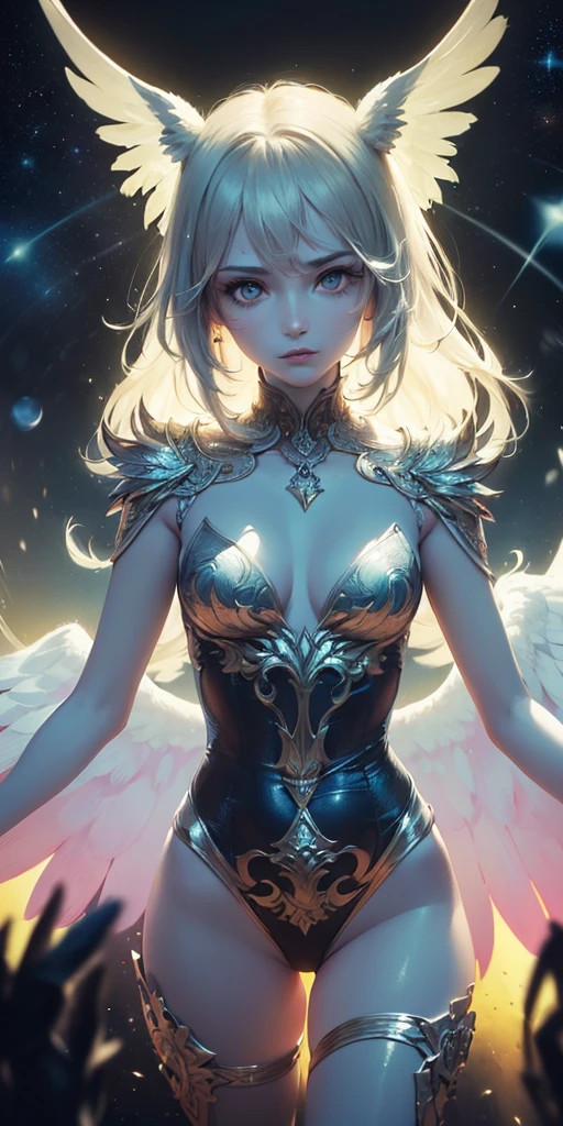 ((space, Distant stars), (Fantastic image, very beautiful - space girl), (1 girl; 1.3), (Face. figure))). ((Graceful forms. Graceful girl). (high quality), (stylization - animation, realism). (Dark cool colors mixed with warm shades). (angel girl), (photorealistic, Cinematic picture), (high detail, complete black hole, 8K. dynamic expressive image)). ((Very detailed eyes and face))), Beautiful detailed eyes. masterpiece, Best quality, full length portrait, amazing beauty, dynamic pose, нежное Face, and bright eyes)). ((She wears transparent, semi-sheer dress, emphasizing a slim figure). (She's an angel, descended into the underworld. She's a savior, light in the dark kingdom, radiating a soft glow. High detail, Other worlds, light of distant stars), (detail, high quality), (Muffled light, dark environments - the spooky cinematic setting is great)). ((Girl with white skin, realistic detailed skin, clear focus, volumetric mist near the floor, 8K, UHD, SLR camera, high quality, granularity. photorealism, lomography, fantastic dark art, Utopian reality)). ((готическое Face, gothic horror atmosphere, зловещая gothic aesthetics), (gothic art style, creepy gothic portrait, dark fantasy, mixed with realism, gothic aesthetics)).((Realistic black leather)).