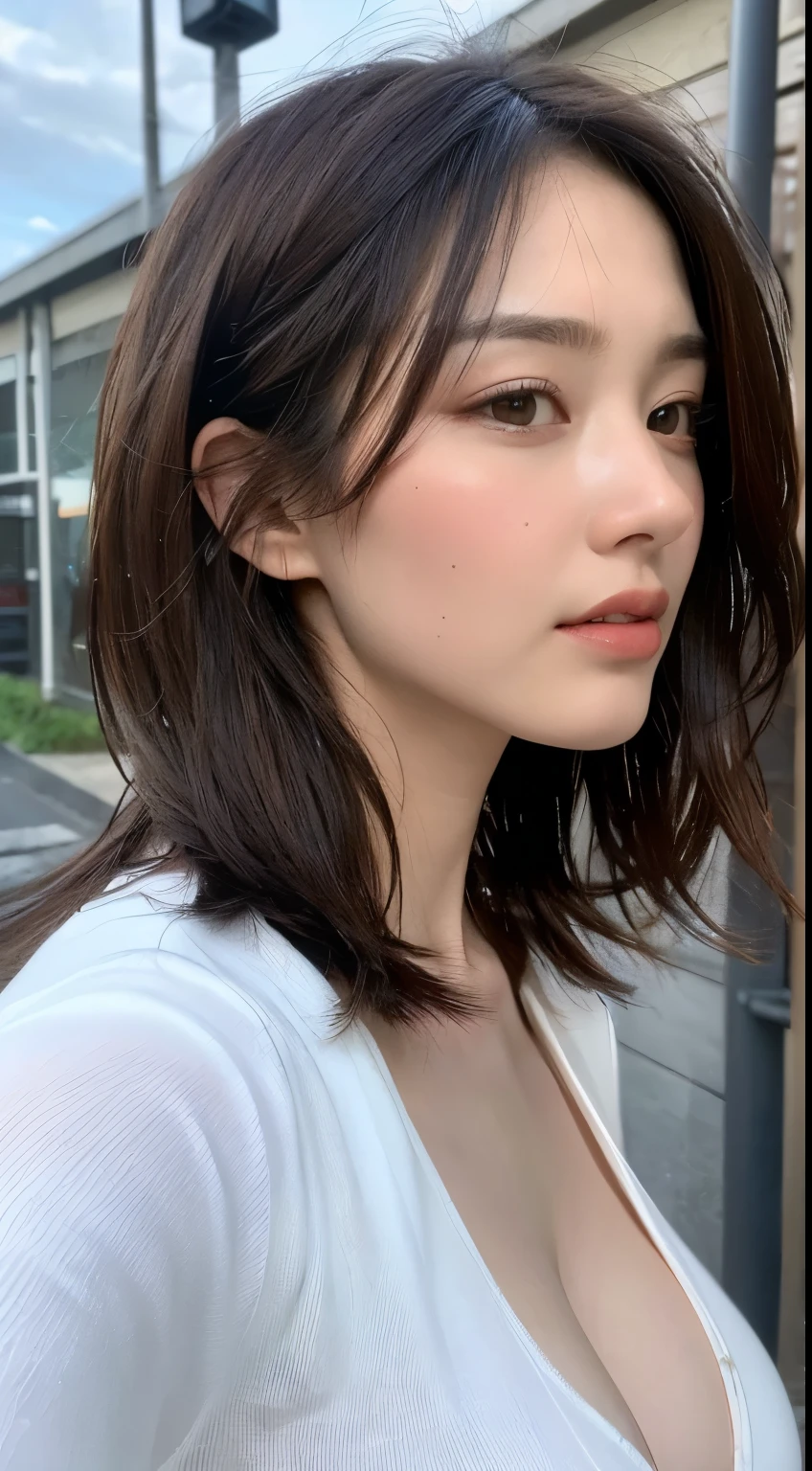 ((highest quality, 8k, masterpiece: 1.3)), sharp: 1.2, perfect body beauty: 1.4, slim abs: 1.2, ((layered hairstyles, big breasts: 1.2)), (no shirt: 1.1), (rain, street: 1.2), Wet: 1.5, Highly detailed face and skin texture, fine eyes, double eyelid, profile looking at camera