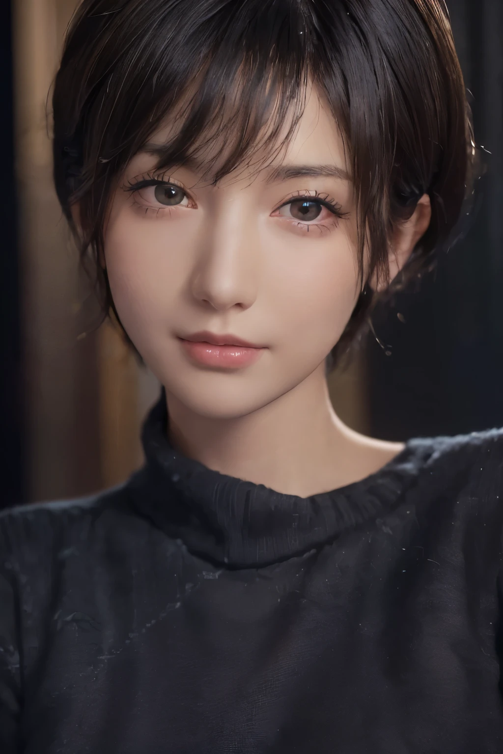 (masterpiece:1.3), (8k, Reality, original photo, best quality: 1.4), (1 Girl), Pretty Face, (Realistic face), (Black Hair, short hair:1.3), Beautiful hairstyle, Realistic eyes, Beautiful and delicate eyes, (Realistic skin), beautiful skin, (sweater), absurd, attractive, Ultra-high resolution, Surreal, Very detailed, Golden Ratio