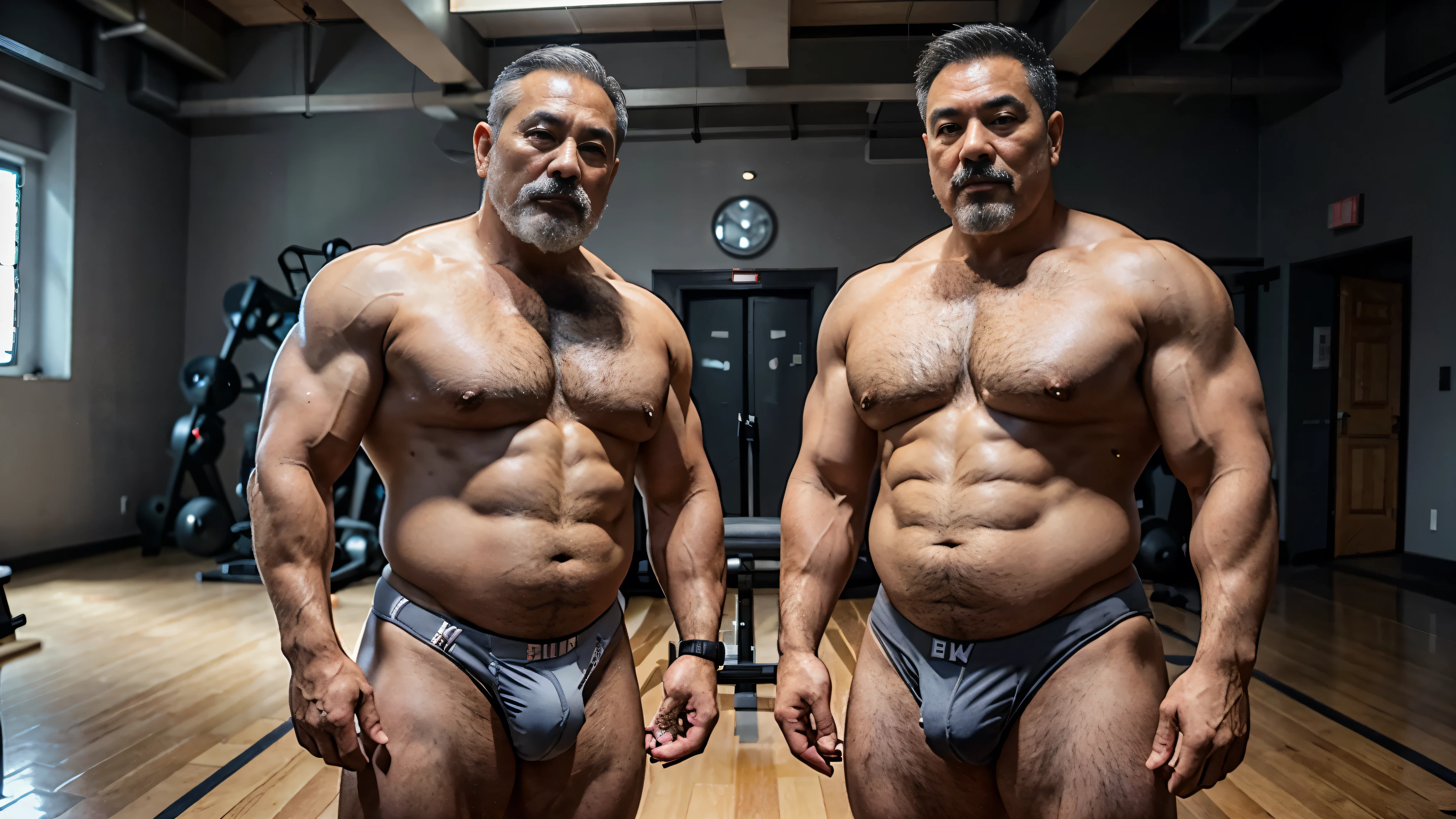 2 Vietnamese grandfathers with gray hair, mature face, a thick gray mustache, a short gray chin beard, bear body, wearing a massive bulging gray jockstraps stand in the gym, have belly, big muscular chest, a sexy pose, show underwear.
