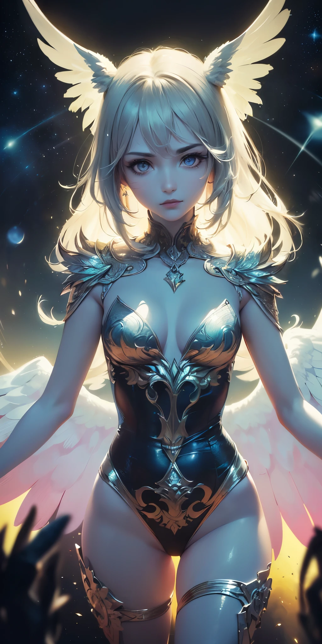 ((space, Distant stars), (Fantastic image, very beautiful - space girl), (1 girl; 1.3), (Face. figure))). ((Graceful forms. Graceful girl). (high quality), (stylization - animation, realism). (Dark cool colors mixed with warm shades). (angel girl), (photorealistic, Cinematic picture), (high detail, complete black hole, 8K. dynamic expressive image)). ((Very detailed eyes and face))), Beautiful detailed eyes. masterpiece, Best quality, full length portrait, amazing beauty, dynamic pose, нежное Face, and bright eyes)). ((She wears transparent, semi-sheer dress, emphasizing a slim figure). (She's an angel, descended into the underworld. She's a savior, light in the dark kingdom, radiating a soft glow. High detail, Other worlds, light of distant stars), (detail, high quality), (Muffled light, dark environments - the spooky cinematic setting is great)). ((Girl with white skin, realistic detailed skin, clear focus, volumetric mist near the floor, 8K, UHD, SLR camera, high quality, granularity. photorealism, lomography, fantastic dark art, Utopian reality)). ((готическое Face, gothic horror atmosphere, зловещая gothic aesthetics), (gothic art style, creepy gothic portrait, dark fantasy, mixed with realism, gothic aesthetics)).((Realistic black leather)).