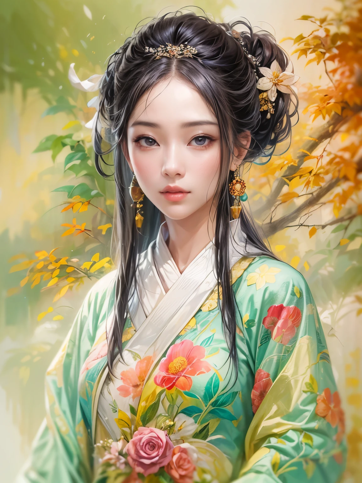 An imaginative and vivid depiction of the female figure，Think of it as your dream lover and life-long partner，Integrating the softness of traditional Chinese women with the role of modern Chinese housewives。This artistic expression highlights her nurturing and caring nature，It also shows her elegance and elegance。She is depicted with delicate features and warmth、seductiveexpression。Her outfit is a stylish fusion of tradition and modernity，reflects the duality of her character。she is depicted in a comfortable、in a modern environment，embodies a loving、The Essence of a Dedicated Companion and Homemaker。The background contains comfortable living space elements，Symbolizes stability and warmth。The overall style combines realism with fantasy，Capturing a dreamy contemporary aesthetic。 (floral watercolor painting:1.3)，(Super high saturation, bright and vivid colors:1.3)
