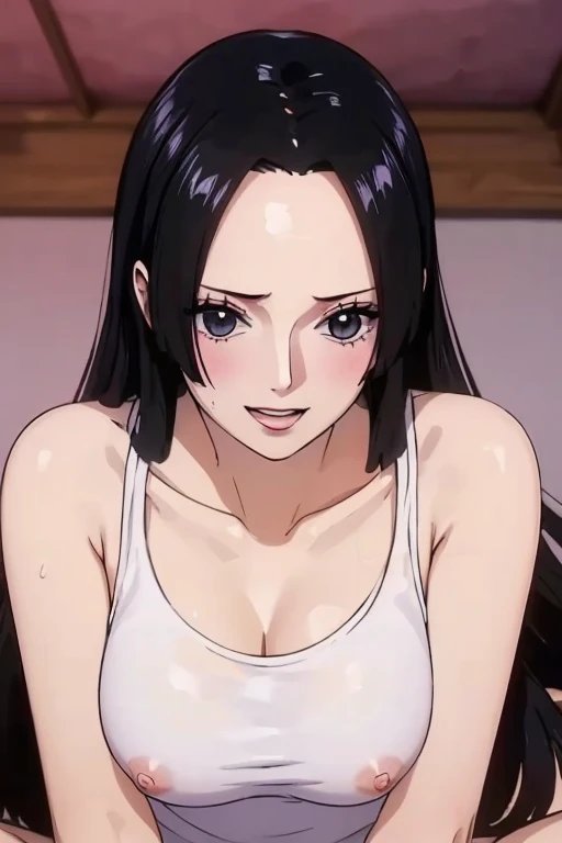 (((masterpiece))), (((best quality))), ((ultra-detailed)), (highly detailed CG illustration), Boa Hancock, (nsfw:1.4), (masterpiece:1.5), Detailed Photo, Smiling, Sexy, (Best Quality: 1.4), (1girl), Beautiful Face, (Black Hair, long Hair: 1.3), Beautiful Hairstyle,  beautiful detail eyes, (realistic skin), beautiful skin, absurd, attractive, ultra high resolution, high definition, (sexually aroused:1.5), Pinkish white skin, cool white light, sexy pose, Beautiful , white background, pink soft white light, Wear a white tank top,