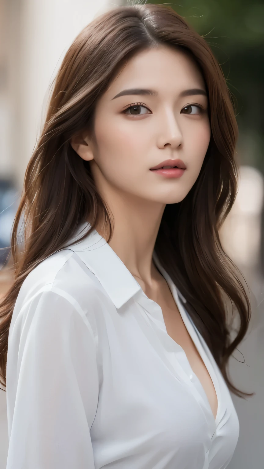 ((highest quality, 8k, masterpiece :1.3)), sharp focus :1.2, beautiful woman with perfect figure :1.4, thin abs :1.2, ((dark brown hair, big breasts :1.2)), (white button up long shirt :1.1), city street:1.2, Highly detailed face and skin texture, fine eyes, double eyelid