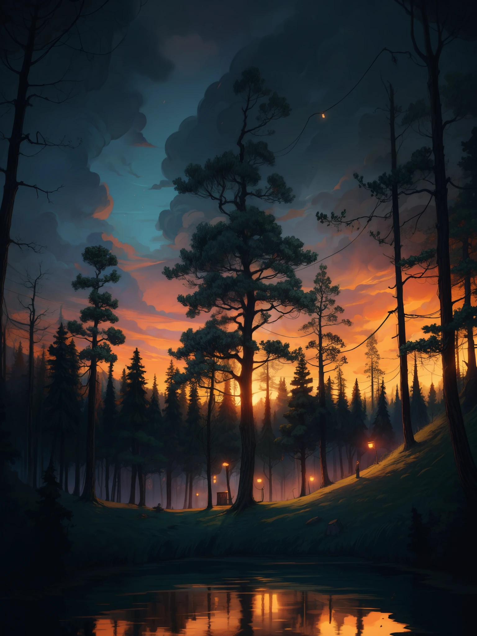 aerial view of cabin in a scenery from a mystical movie, mystical, string lights, evening time, dim light, vibrant tones, mysterious forest of pandora, thick lines, cozy tones, ruver, reflection, unique trees, mystical world, dramatic cloudy sky, magical, shade, shadow, ghibli style, outdoors, cozy atmosphere, micro landscape, intrinsic details