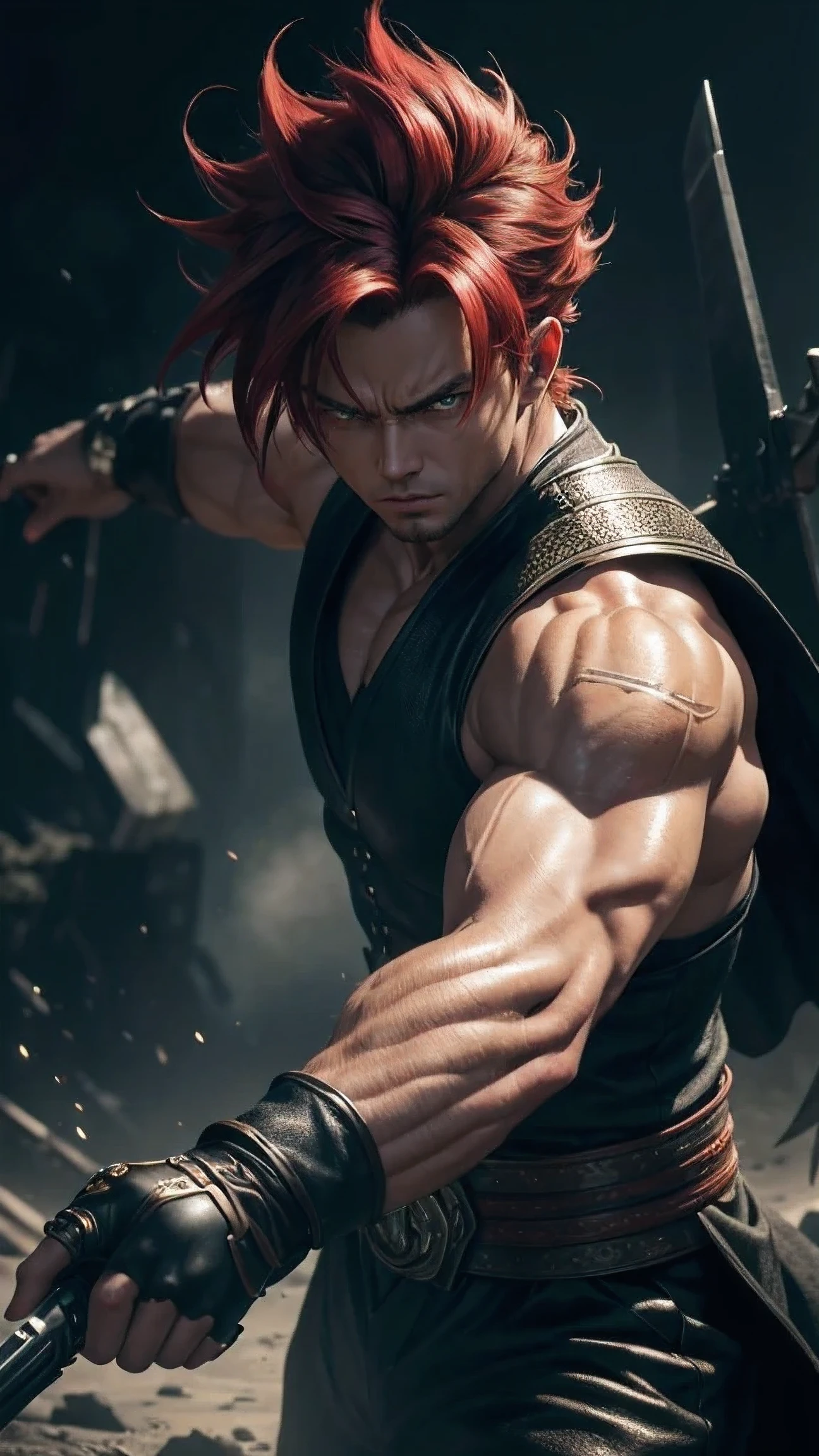 An 255k masterpiece, highest resolution, every detail, meticulous detail, depth of field, bright colors, beautiful composition: stunning take on an anime character Gohan with brilliant red hair and beautifully detailed glowing eyes, standing against a dark and ominous background. This handsome demon slayer is the epitome of bad guys in the world of fantasy art. impressive detail, great detail UHD macro image detailed, shot, action, perfect eyes, best quality, extremely sharp focus face, analog fine film grain, post-apocalyptic, cinematic, realistic, trending art station, helicopter, focus, studio photo, details, intricate, busy, raw, 255k, isometric, digital smog, 3d render, octane volumetric.