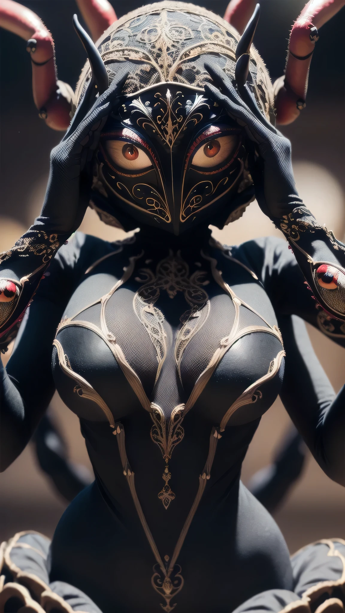 (masterpiece), (extremely intricate:1.3), (realistic), (cute woman, anthropomorphized spider, velour black bodysuit, red widow, (((extra arms, mask with many eyes, face, closeup)), laughing)), outdoors, intense sunlight, far away ocean, professional photograph detailed, ((dynamic pose)), sharp focus, dramatic, award winning, cinematic lighting, volumetrics dtx, (film grain, blurry background, blurry foreground, bokeh, depth of field,interaction), 8K