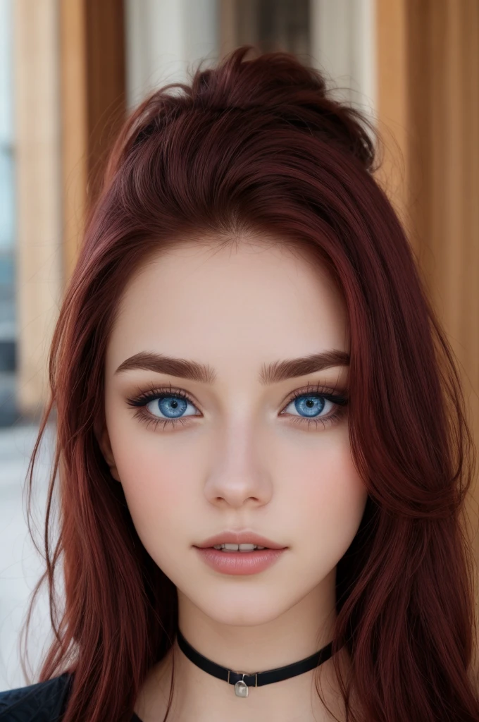 choker, blue eyes, eyeshadow, pupils, eyebrows, nose, lips, teeth, face, dark red hair, long hair, 1girl, solo