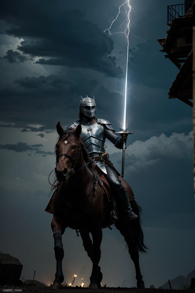 the knight with his sword raised up, his mouth masked, his face masked, but his eyes visible, the knight on the horse, on the horse's back, the sword is fully up with his hand, the tip of the sword is pointed, and the thunder is coming from above, the weather is near morning, that is, the weather is not dark, and the lightning is connecting to the tip of the sword, the lightning is connecting to the tip of the sword, and the lightning is coming from above. the color is light blue,8k,uhd,HDR