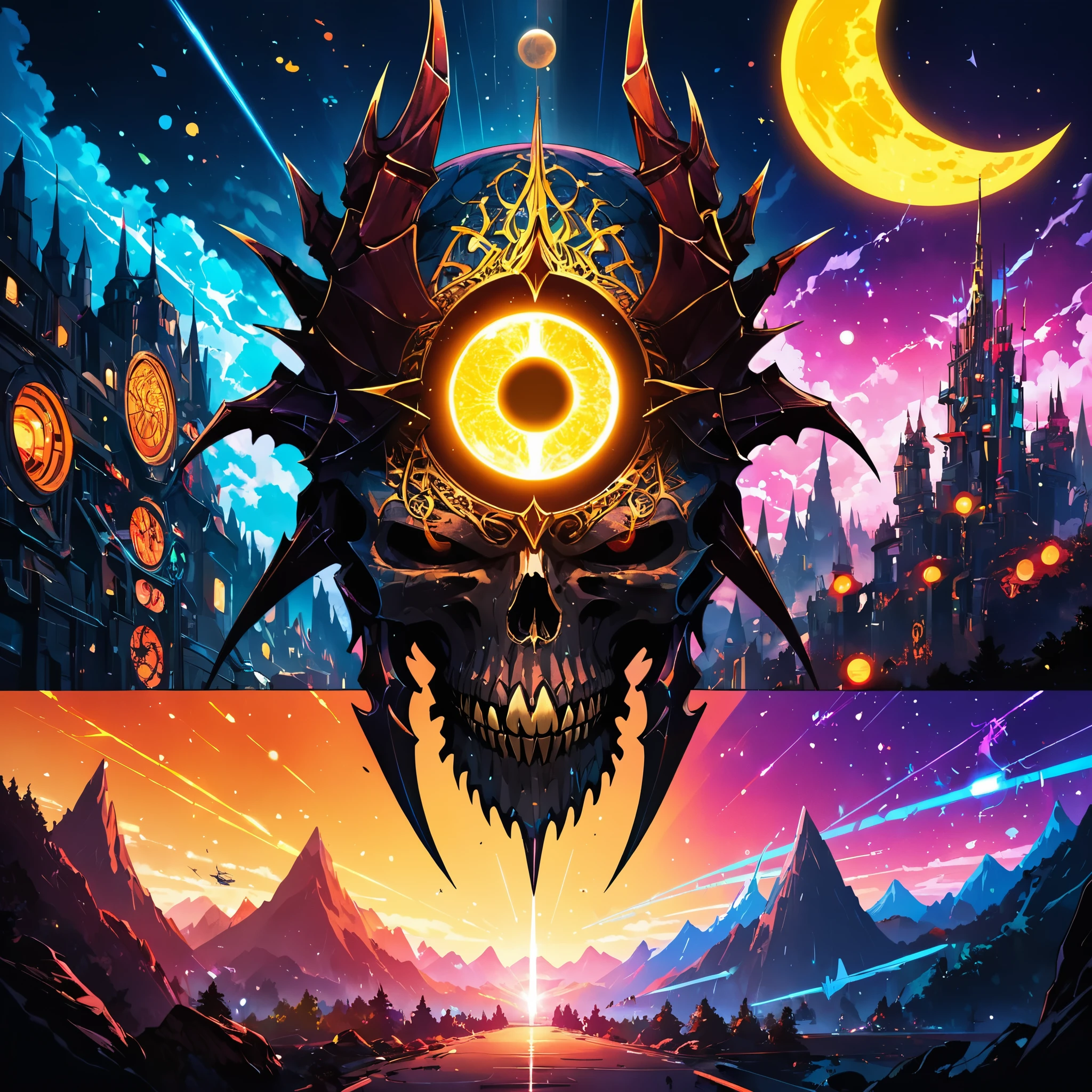 A red skull, dragon portrait, Rostland, Benedict Barna, Morel, (((Gold Jewelry))), (The pupil is composed of a moon-shaped image.:1.8), Miracle, Dark atmosphere, Black Forest, ((Neon flashing)), ((Blue Arc)), Characteristics of dragons, Dragon skull, Jewelry accessories, Diffraction peak, Vibrant colors、Bokeh、portrait、landscape、Fear、cartoon、Science fiction, photography, Concept Artist, Steel claws, Steel Fang, word graffiti, Electronic Links, Metal chains, Diffraction spike,SplitScreen