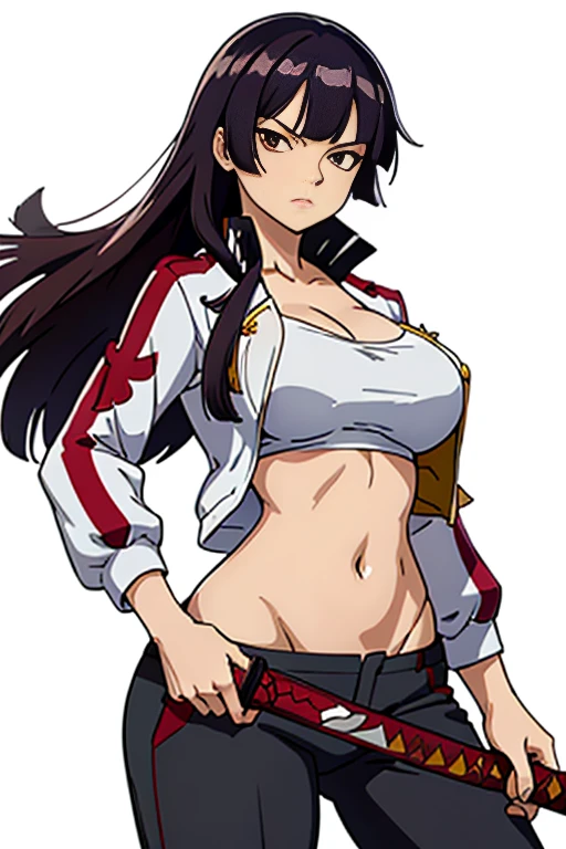 (masterpiece, best quality:1.2), 1girl, solo, Kagura_Mikazuchi, large breasts, open jacket, red jacket, black pants, open clothes, midriff, (sexy navel), serious, hime cut, double-breasted. Holding traditional samurai katana sword. Her gaze is both alluring and fierce, as she holds the sword with a delicate yet deadly grip.  Simple background, white background