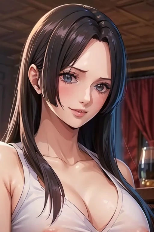 (((masterpiece))), (((best quality))), ((ultra-detailed)), (highly detailed CG illustration), Boa Hancock, (nsfw:1.4), (masterpiece:1.5), Detailed Photo, Smiling, Sexy, (Best Quality: 1.4), (1girl), Beautiful Face, (Black Hair, long Hair: 1.3), Beautiful Hairstyle, beautiful detail eyes, (realistic skin), beautiful skin, absurd, attractive, ultra high resolution, high definition, (sexually aroused:1.5), Pinkish white skin, cool white light, sexy pose, Beautiful , white background, pink soft white light, Wear a white tank top,