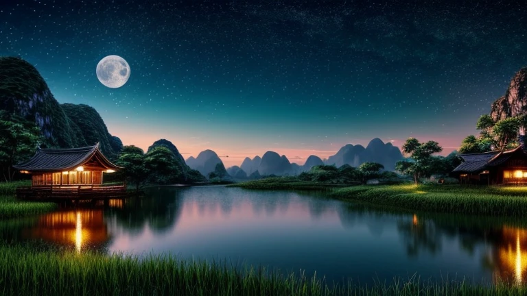 night scene with some house asian, vietnam, viet nam, ha giang, moon, lake in the foreground, calm night, green and blue, digital illustration, 4k highly detailed digital art, night scenery, anime art wallpaper 4k, anime art wallpaper 4 k, 4k detailed digital art, nighttime nature landscape, anime art wallpaper 8 k, background artwork, beautiful art uhd 4 k, 4 k hd illustrative wallpaper