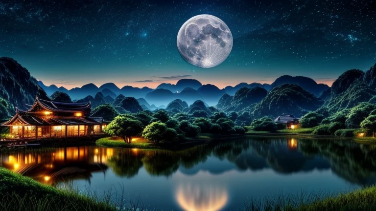 night scene with some house asian, vietnam, viet nam, ha giang, moon, lake in the foreground, calm night, green and blue, digital illustration, 4k highly detailed digital art, night scenery, anime art wallpaper 4k, anime art wallpaper 4 k, 4k detailed digital art, nighttime nature landscape, anime art wallpaper 8 k, background artwork, beautiful art uhd 4 k, 4 k hd illustrative wallpaper