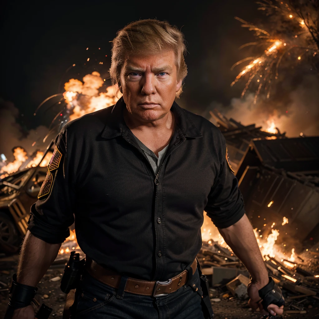 main subject,detailed portrayal of Donald Trump, detailed portrayal of action hero,explosion, fire all around, detailed portrayal of America themed damsel, intense rescue scene,high quality visuals, 4k resolution, detailed description, realistic rendering,vibrant colors, cinematic lighting, action movie style