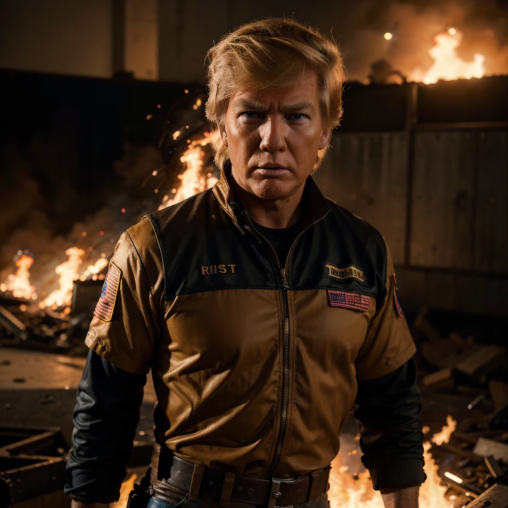 main subject,detailed portrayal of Donald Trump, detailed portrayal of action hero,explosion, fire all around, detailed portrayal of America themed damsel, intense rescue scene,high quality visuals, 4k resolution, detailed description, realistic rendering,vibrant colors, cinematic lighting, action movie style