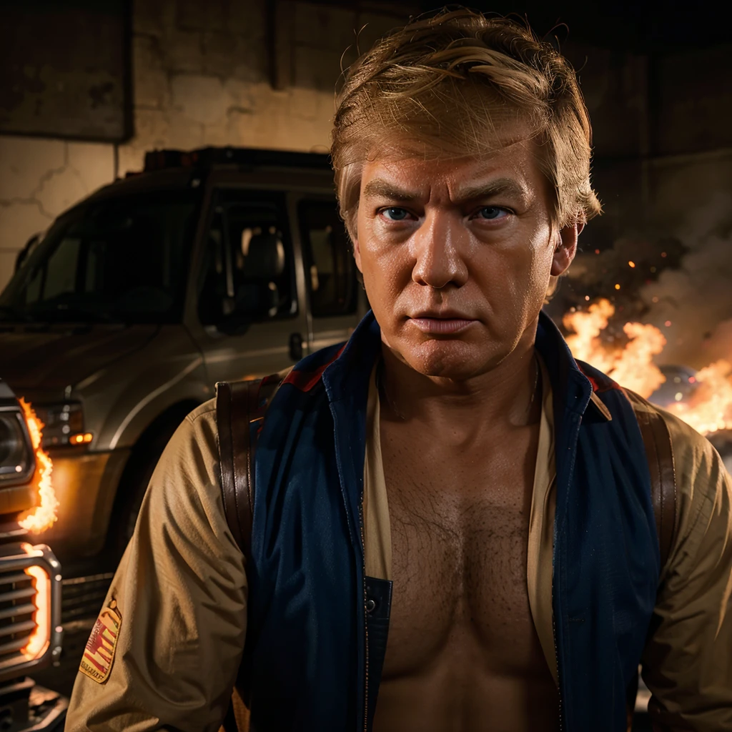 main subject,detailed portrayal of Donald Trump, detailed portrayal of action hero,explosion, fire all around, detailed portrayal of America themed damsel, intense rescue scene,high quality visuals, 4k resolution, detailed description, realistic rendering,vibrant colors, cinematic lighting, action movie style
