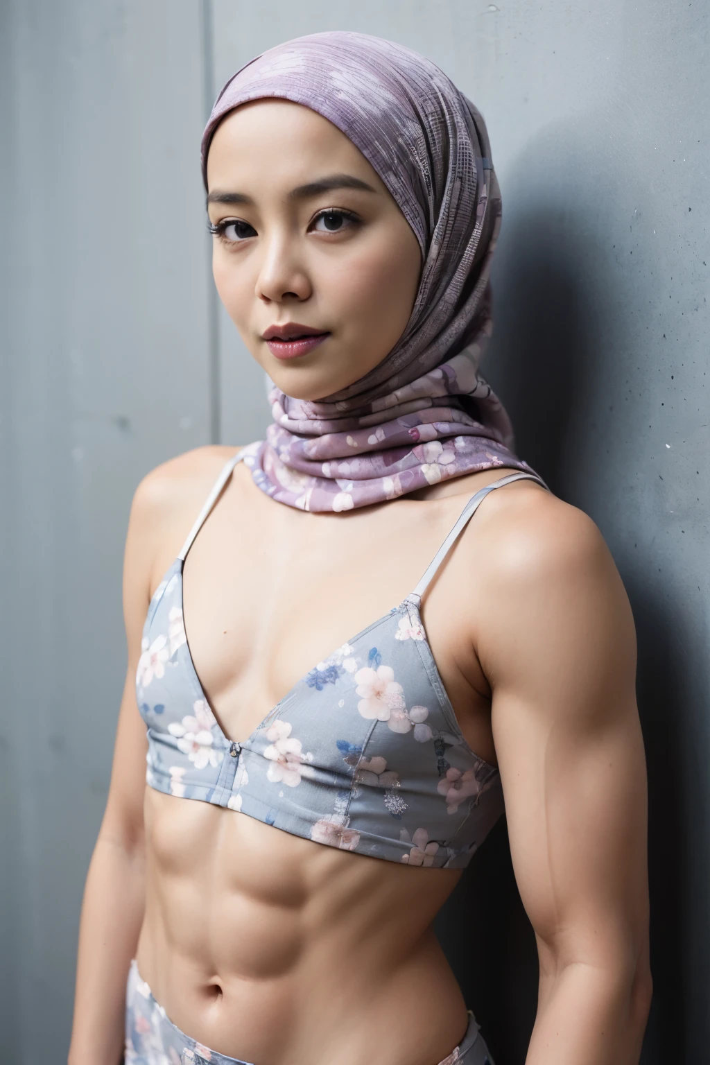 ((flat chest:1.9)), see-through T-shirt, Bodybuilder Naked, (((HIJAB MALAY GIRL))), masutepiece, High quality, UHD 32K, Realistic face, Realistic skin feeling , A Japanese Lady, , , Very cute and baby-like face, (((FLAT CHEST))), (MATRIX WORLD), ((look In front at the camera and SADNESS)), ((())), (((CUTE GIRL))), ((BLUE LIPS)), ((Floral Pattern)) little Bodybuilder, lingerie