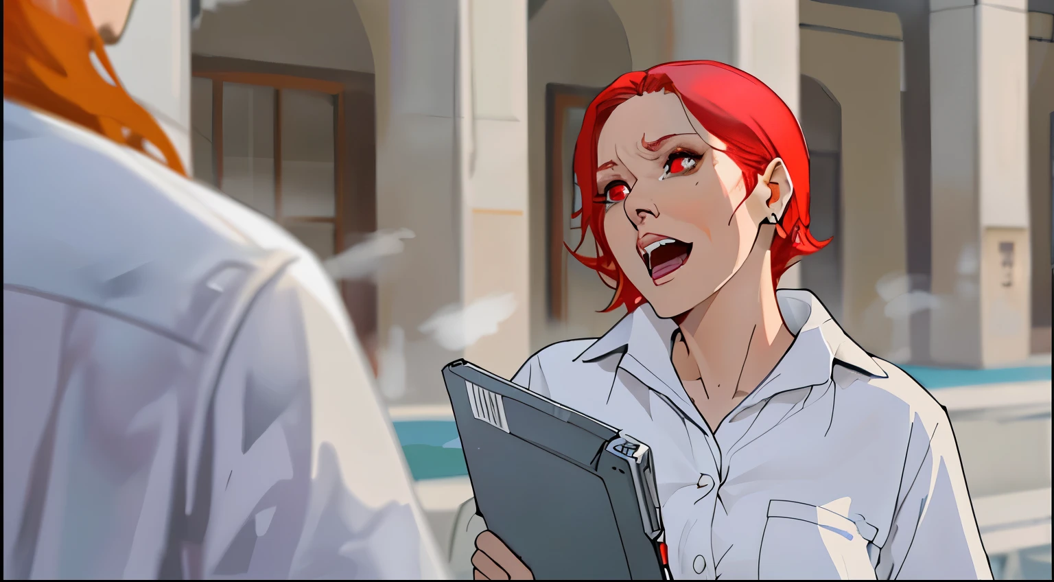 35-year-old woman red hair red eyes speaking mocking threatening intimidating 
