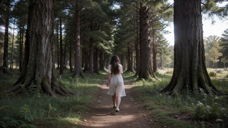 I want you to draw a girl with her back turned and walking into a dense forest. Looks very lonely because of heartbreak. She wears a long dress, has long hair, is a bit chubby, and tends to look up at the sky. Dark color tone, the girl goes far into the forest, the forest looks very large.