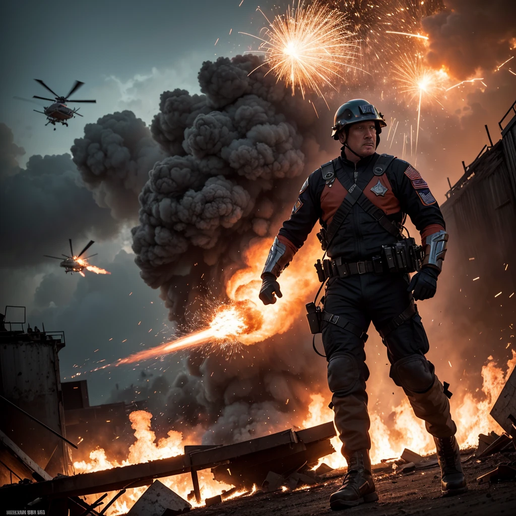 (best quality,4k,highres,masterpiece:1.2),ultra-detailed,(realistic:1.37),(HDR:1.1),(physically-based rendering:1.1),
Donald Trump, action hero, massive explosions, fire all around, rescuing damsel, intense expression, superheroic pose, muscular physique, heroic lighting, debris flying, dramatic flames, dynamic scene, adrenaline rush, orange and red color palette, triumphant moment, intense heat, billowing smoke, flying sparks, rescue mission, danger, excitement, bravery, courage, patriotism, powerful, intense action, suspense, high stakes