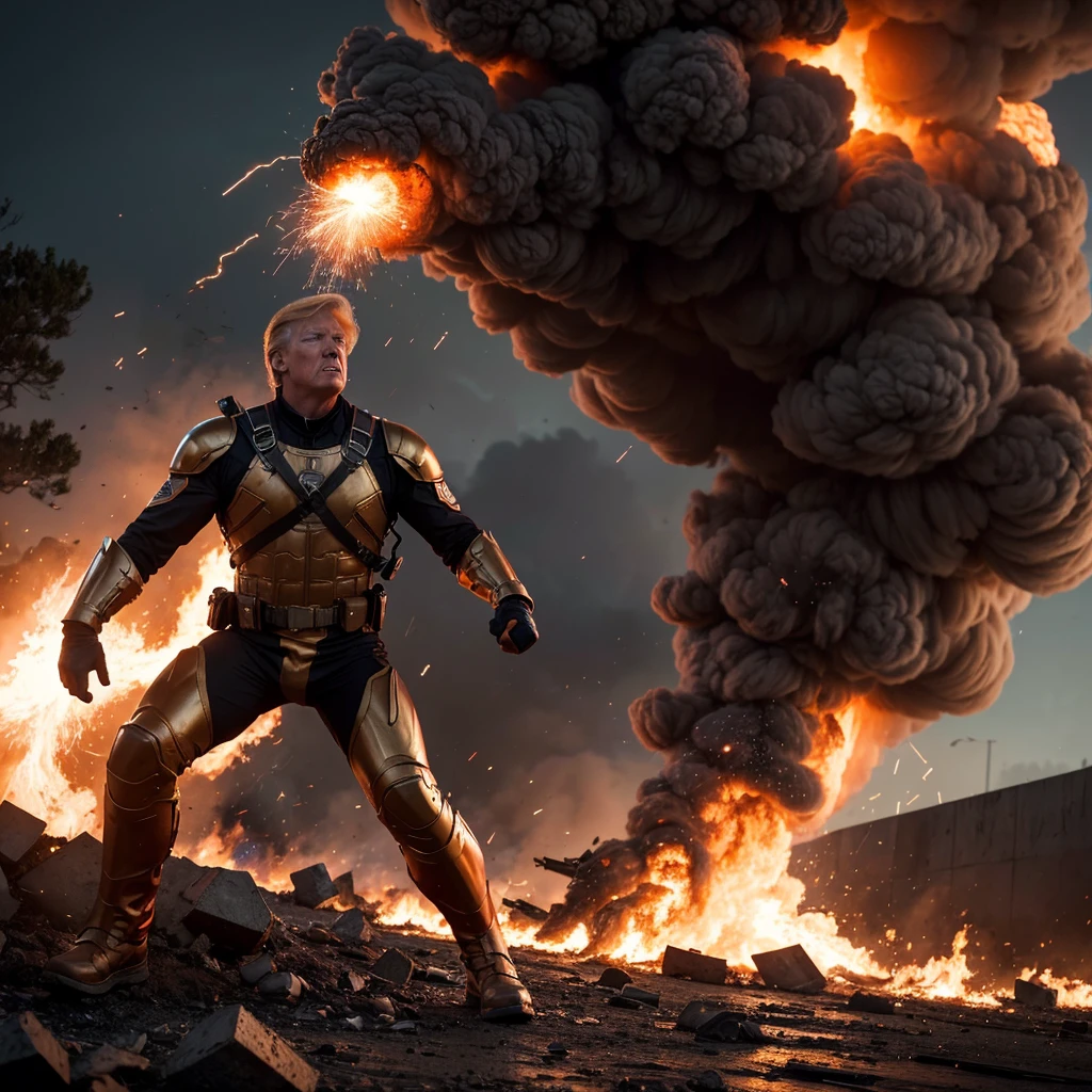 (best quality,4k,highres,masterpiece:1.2),ultra-detailed,(realistic:1.37),(HDR:1.1),(physically-based rendering:1.1),
Donald Trump, action hero, massive explosions, fire all around, rescuing damsel, intense expression, superheroic pose, muscular physique, heroic lighting, debris flying, dramatic flames, dynamic scene, adrenaline rush, orange and red color palette, triumphant moment, intense heat, billowing smoke, flying sparks, rescue mission, danger, excitement, bravery, courage, patriotism, powerful, intense action, suspense, high stakes