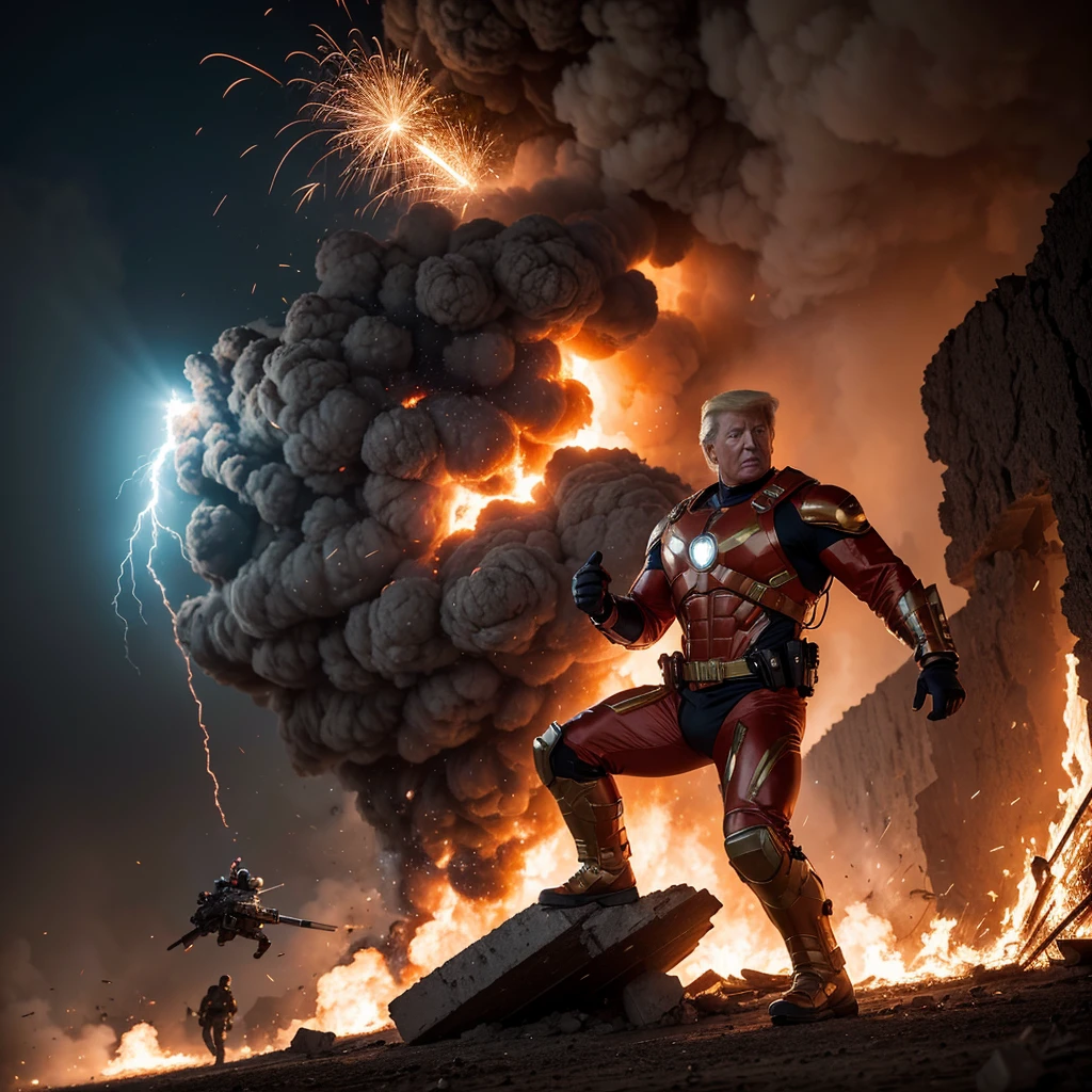 (best quality,4k,highres,masterpiece:1.2),ultra-detailed,(realistic:1.37),(HDR:1.1),(physically-based rendering:1.1),
Donald Trump, action hero, massive explosions, fire all around, rescuing damsel, intense expression, superheroic pose, muscular physique, heroic lighting, debris flying, dramatic flames, dynamic scene, adrenaline rush, orange and red color palette, triumphant moment, intense heat, billowing smoke, flying sparks, rescue mission, danger, excitement, bravery, courage, patriotism, powerful, intense action, suspense, high stakes