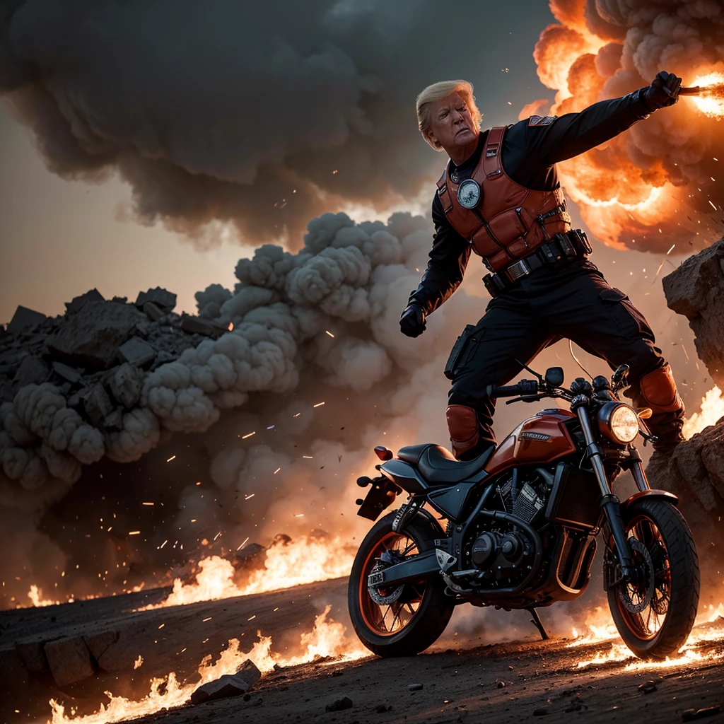 (best quality,4k,highres,masterpiece:1.2),ultra-detailed,(realistic:1.37),(HDR:1.1),(physically-based rendering:1.1),
Donald Trump, action hero, massive explosions, fire all around, rescuing damsel, intense expression, superheroic pose, muscular physique, heroic lighting, debris flying, dramatic flames, dynamic scene, adrenaline rush, orange and red color palette, triumphant moment, intense heat, billowing smoke, flying sparks, rescue mission, danger, excitement, bravery, courage, patriotism, powerful, intense action, suspense, high stakes