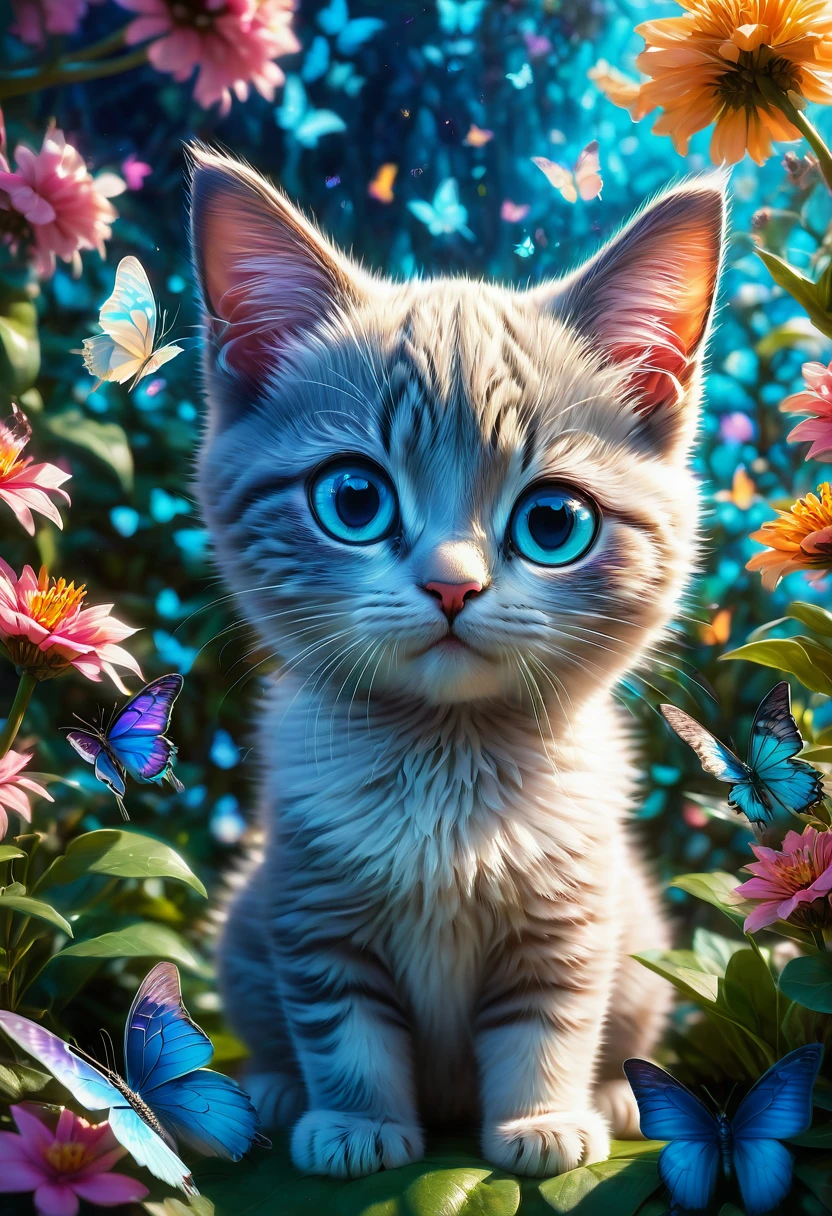 blue butterfly, aesthetic, An adorable grey and white kitten with upright ears playfully pounces among butterflies in a color-filled garden on a bright spring day. Radiant in the sunlight, its curious blue eyes epitomize cute baby animals. Pixar, Disney, concept art, 3d digital art, Maya 3D, ZBrush Central 3D shading, bright colored background, radial gradient background, cinematic, Reimagined by industrial light and magic, 4k resolution post processing