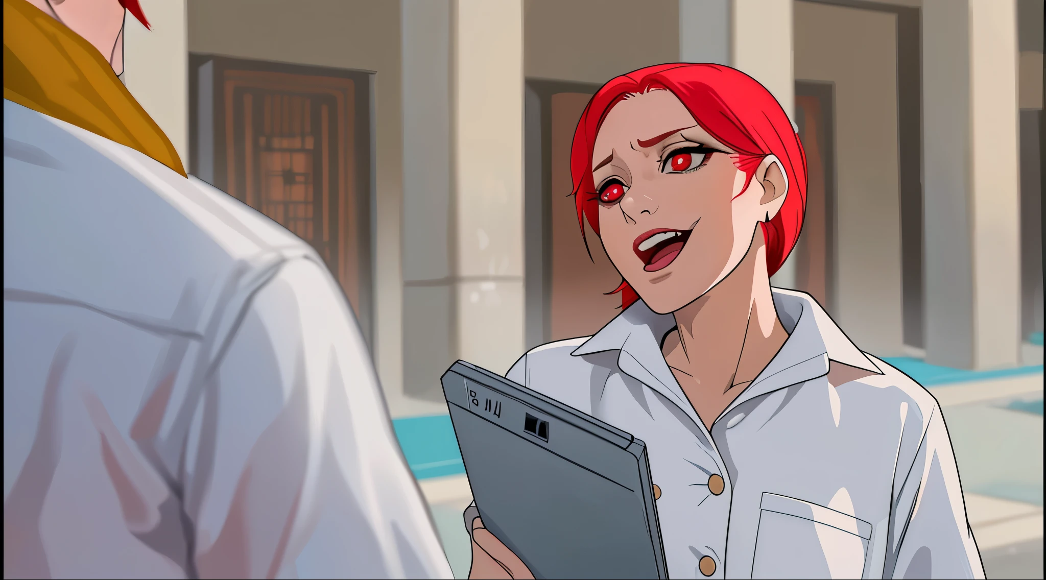 35-year-old woman red hair red eyes speaking mocking threatening intimidating