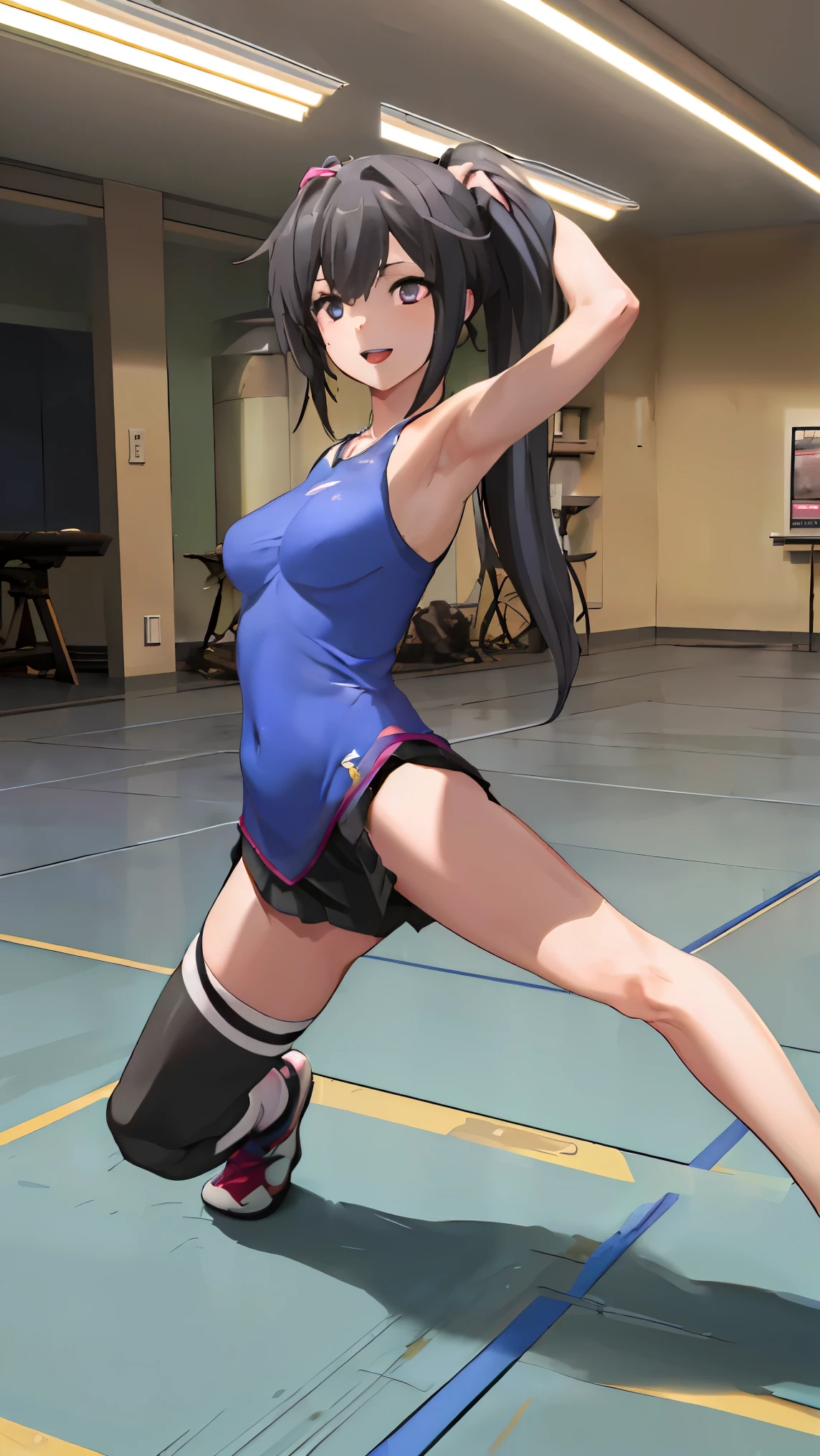 hair_ponytail ribbon,Black hair, eyes blue, long hair, smile , Yukinoshita Yukino,
BREAK (sports yoga Feminine dress themed adorned with an intricate cute design and Feminine medium skirt:1.2)
BREAK The action captured will be as if she's playfully leaping Performance yoga action skill, adding a stretch movement and session scene, BREAK background will depict a Fitness training room
BREAK (masterpiece:1.2), best quality, high resolution, unity 8k wallpaper, (illustration:0.8), (beautiful detailed eyes:1.6), extremely detailed face, perfect lighting, extremely detailed CG, (perfect hands, perfect anatomy),
 