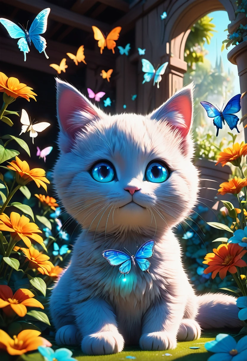 blue butterfly, aesthetic, An adorable grey and white kitten with upright ears playfully pounces among butterflies in a color-filled garden on a bright spring day. Radiant in the sunlight, its curious blue eyes epitomize cute baby animals. Pixar, Disney, concept art, 3d digital art, Maya 3D, ZBrush Central 3D shading, bright colored background, radial gradient background, cinematic, Reimagined by industrial light and magic, 4k resolution post processing