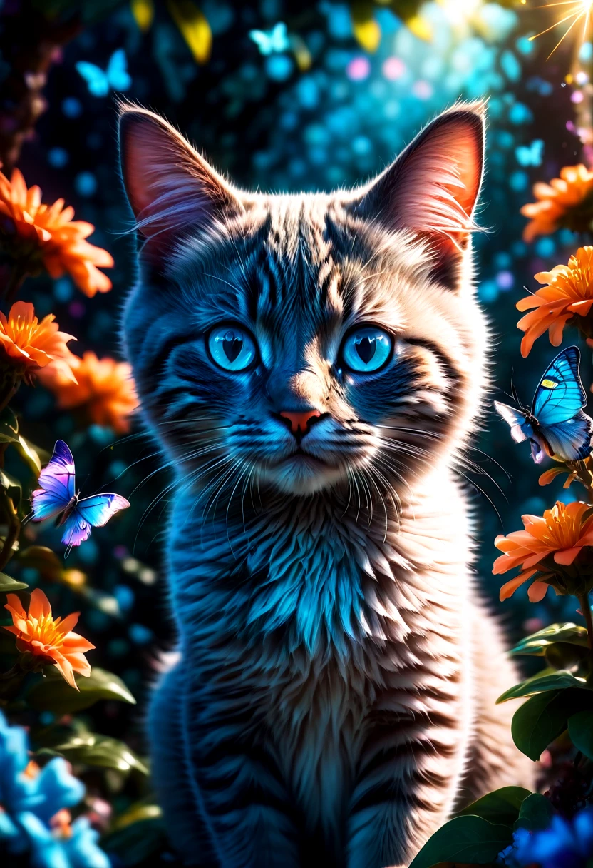 blue butterfly, aesthetic, An adorable grey and white kitten with upright ears playfully pounces among butterflies in a color-filled garden on a bright spring day. Radiant in the sunlight, its curious blue eyes epitomize cute baby animals. Pixar, Disney, concept art, 3d digital art, Maya 3D, ZBrush Central 3D shading, bright colored background, radial gradient background, cinematic, Reimagined by industrial light and magic, 4k resolution post processing