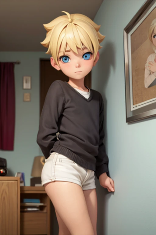boy, slim, Cute, bright eyes, Short blond hair, in your bedroom, looks at the viewer, shy