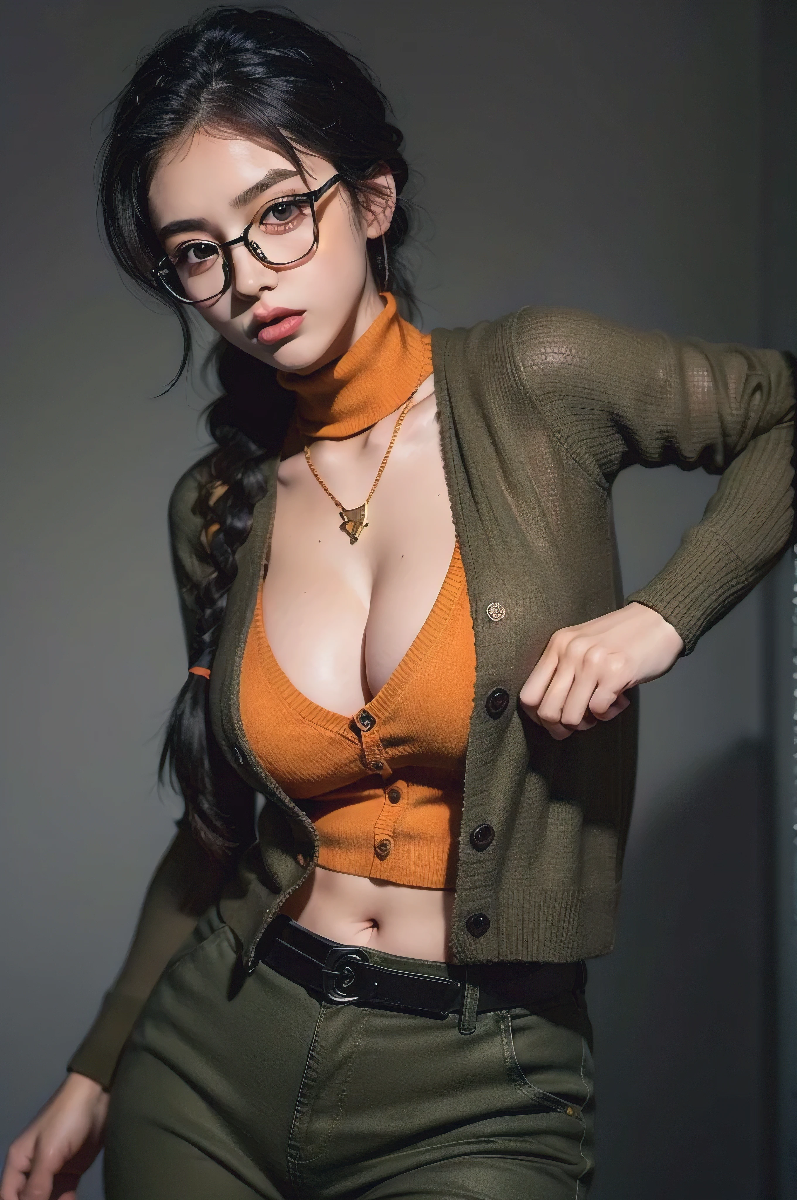 (masterpiece1.5),adult lady,Huge breasts,Solo,(((braid))), Long hair, half-opened mouth,(Red Frame Glasses),(Black hair), (large eyes with double eyelids),(Thick lip),(lofty nose),(High gauge (tight fitted:1.1) (Black:1.3) turtle neck:1.1), (Tuck-in:1.3), (Orange Cardigan:1.2), (checkered (Dark olive green) Tapered pants:1.3), Dark brown belt, Gold necklace, (Dark brown:1.1) lowfers,Nice backgrounds for your subject、beatiful backgrounds、spot light、Vibrant colors、(((Detailed drawing)))、Perfect Beautiful Girl