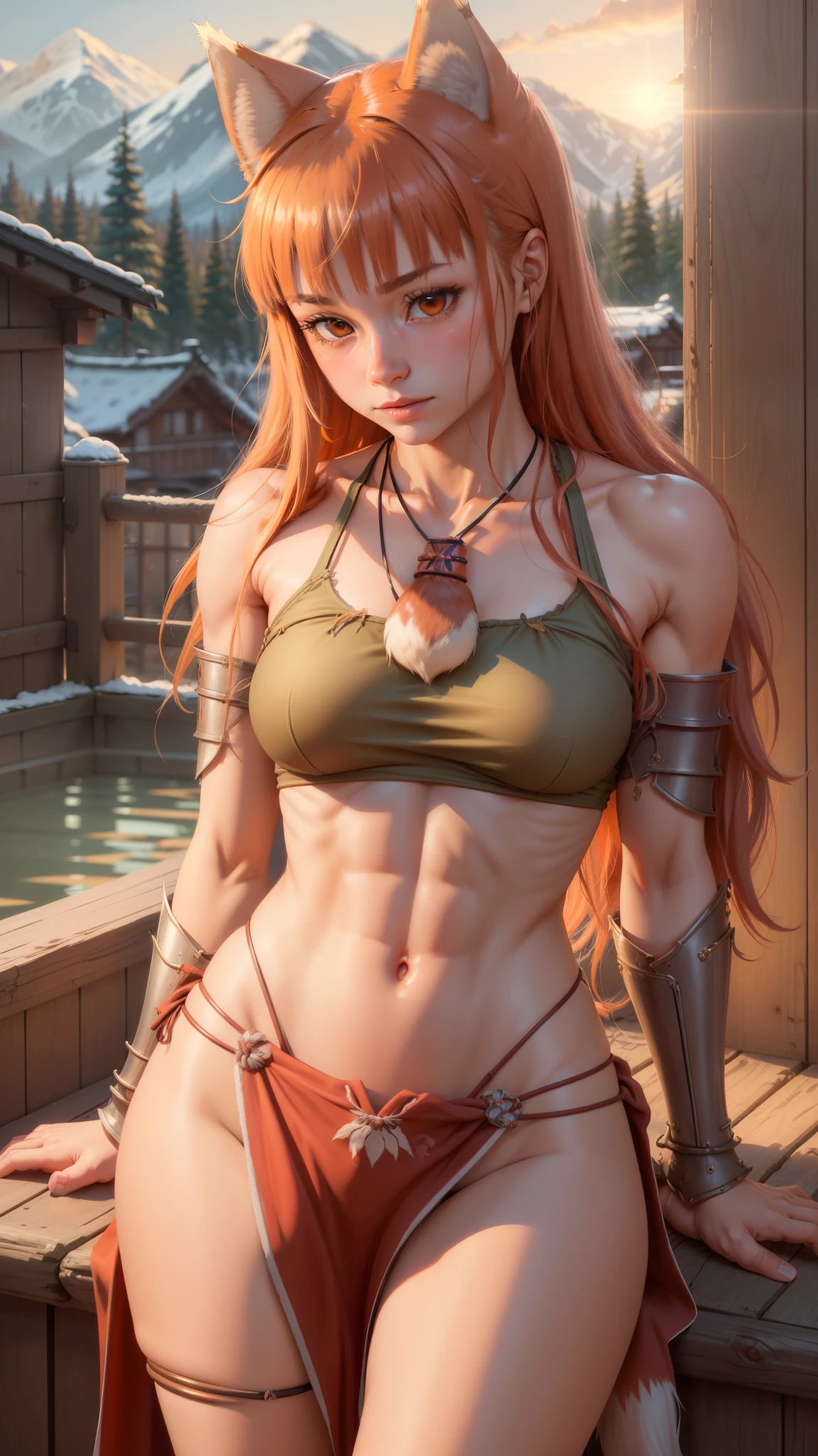  Ultra-detailed, HDR, UHD, ultra-fine painting, physical based rendering, extreme detail description, Professional, Vivid colors, bokeh, full-length portrait, landscape, style of Concept Artists, with a vibrant color palette, soft-lighting, Japanese hot springs, 1girl, long hair, brown hair, animal ears, red eyes, wolf tail, necklace, (with wolf ears), (red wolf girl, Wolf Female), ((muscular strong body)), (body scars, damaged), seductive sexy pose, wearing tribe barbarian armor