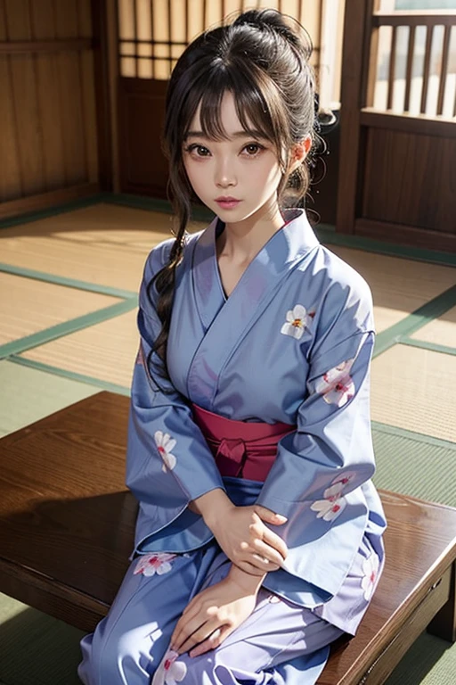 beautiful girl、yukata、Leaning forward、whole body、Sitting in a chair、Small breasts、Fuji Mountain、Rolling up his sleeves、Holding a folding fan<