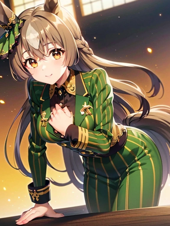 Satono Diamond\(umamusume\), ((highest quality))、((masterpiece))、Ultra-high resolution、、(Anime 2D Rendering, Realistic young anime woman),
Beautiful body, Beautiful thighs, Beautiful feet, White beautiful skin、
(Spread your chest wide、((Pinstripe suit, Green Suit, White collared shirt))、(Pinstripe skirt、Green Shiny Pencil Mini Skirt:1.4)、(Low denier black pantyhose:1.4)、(Black High Heels))、
smile、Face towards the viewer、(whole body、Are standing)