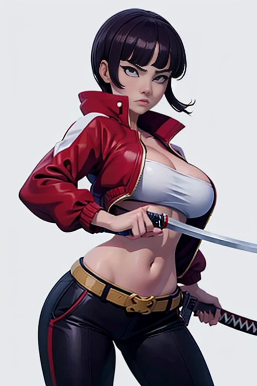 (masterpiece, best quality:1.2), 1girl, solo, Kagura_Mikazuchi, , open jacket, red jacket, black pants, , midriff, ( navel), serious, hime cut, double-breasted. Holding traditional samurai katana sword. Her gaze is both alluring and fierce, as she holds the sword with a delicate yet deadly grip. Simple background, white background
