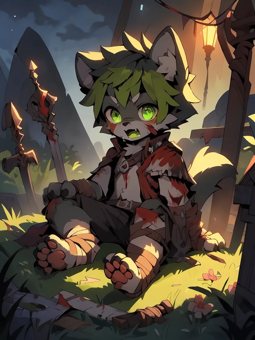 masterpiece, best quality, soft light, Intricate details, Soft lines, 16K,night,shadow,Dark Environment, my own, toy doll,Wolf Boy,Shota,hero,Both,hero Bothe,Undead,Broken body,skeleton,Huge Wound,Fangs,Black and fluorescent green hues,Paw pads,Wound,Fluorescent green blood,Blood,green tongue,green saliva,Corpse,Ragged clothes,Dirty bandages,Plush paw,Paw pads,Fluorescent green pickaxe dyes,Green slime,grave,funeral home