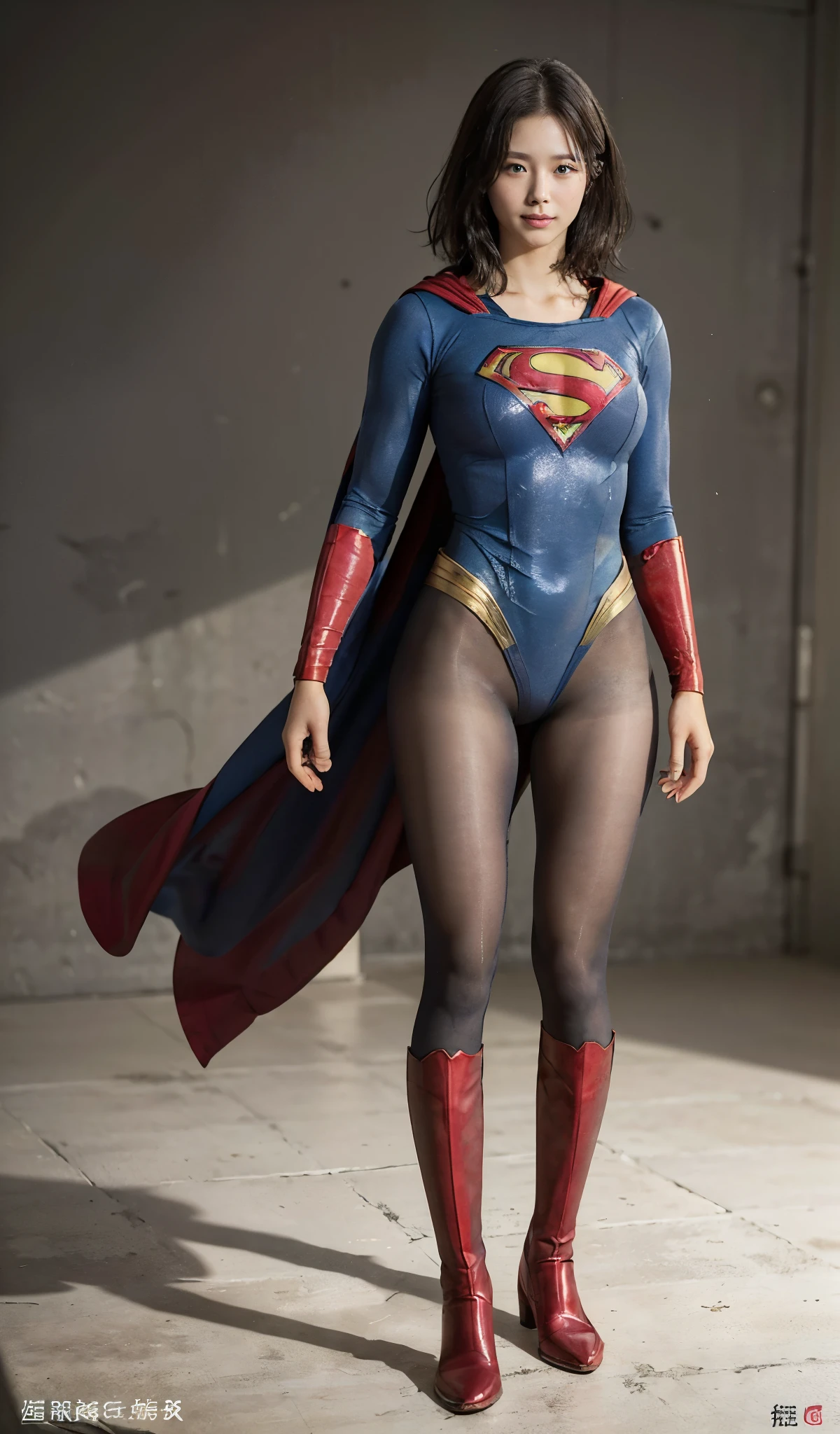 No background、(((Beautiful legs in black tights.)))、(((Legally express the beauty of your smile)))、((((Make the most of your original images)))、(((Supergirl Costume)))、(((Beautiful boyish short hairstyle)))、(((suffering)))、(((Please wear black tights....、Wear red boots)))、((Best image quality、8k))、((highest quality、8k、masterpiece:1.3))、(((Preserve background )))、Sharp focus:1.2、Beautiful woman with perfect figure:1.4、Slim Abs:1.2、Wet body:1.5、Highly detailed face and skin texture、8k