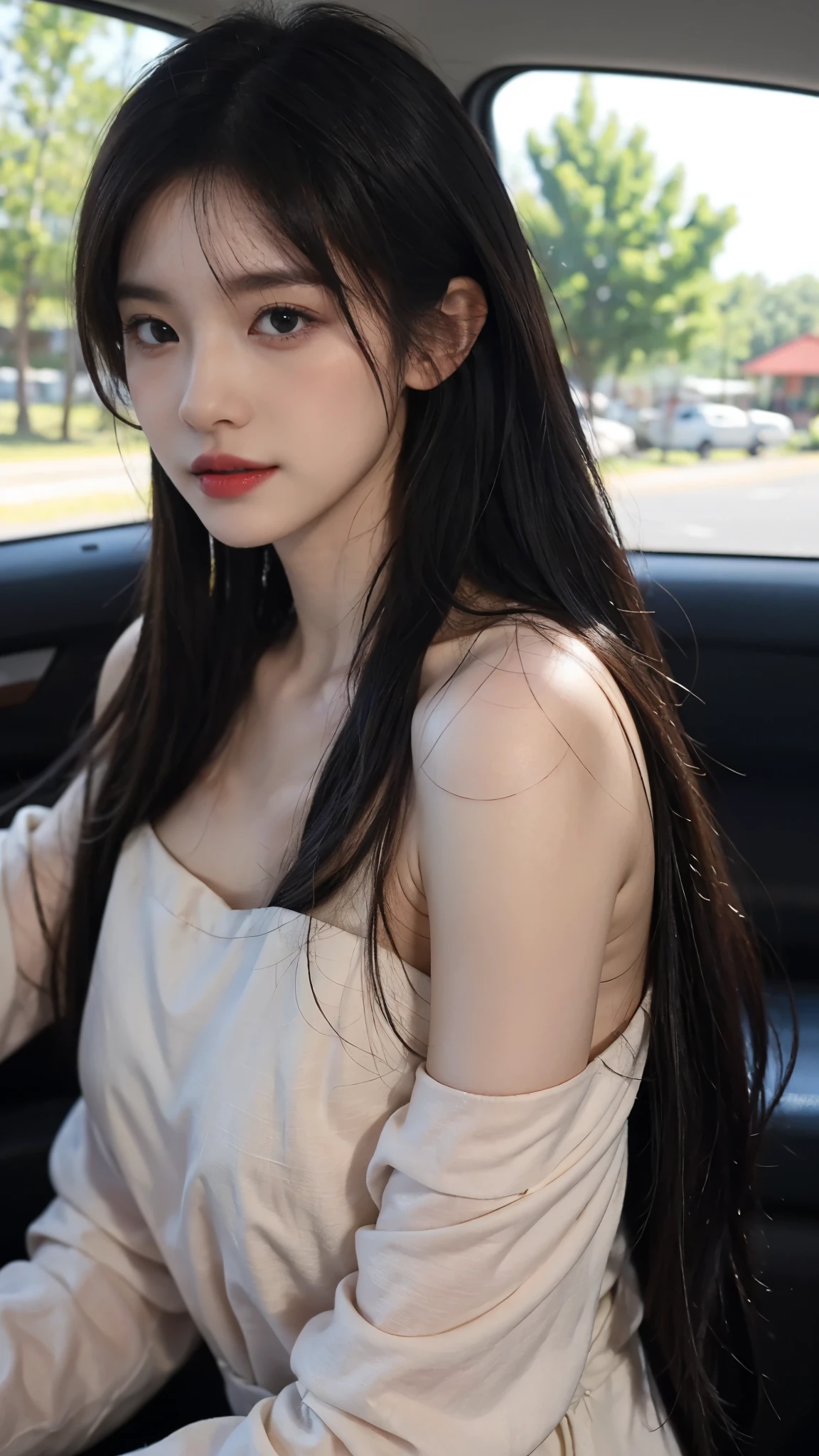 A perfect young female white-collar worker,Chinese,High picture quality,Works of masters,Black hair,Long hair flowing over the shoulders,Beach wave hairstyle,cropped shoulders,clavicle,exquisite face,Hydrated red lips,Real Human,CG rendering,16k,Stand up,Empty interior,Do not show your hands,Close-up shot
