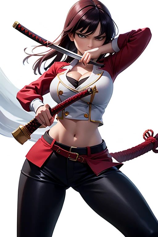 (masterpiece, best quality:1.2), 1girl, solo, Kagura_Mikazuchi, large breasts, open jacket, red jacket, black pants, open clothes, midriff, (sexy navel), serious, hime cut, double-breasted. Holding traditional samurai katana sword. Her gaze is both alluring and fierce, as she holds the sword with a delicate yet deadly grip. Simple background, white background
