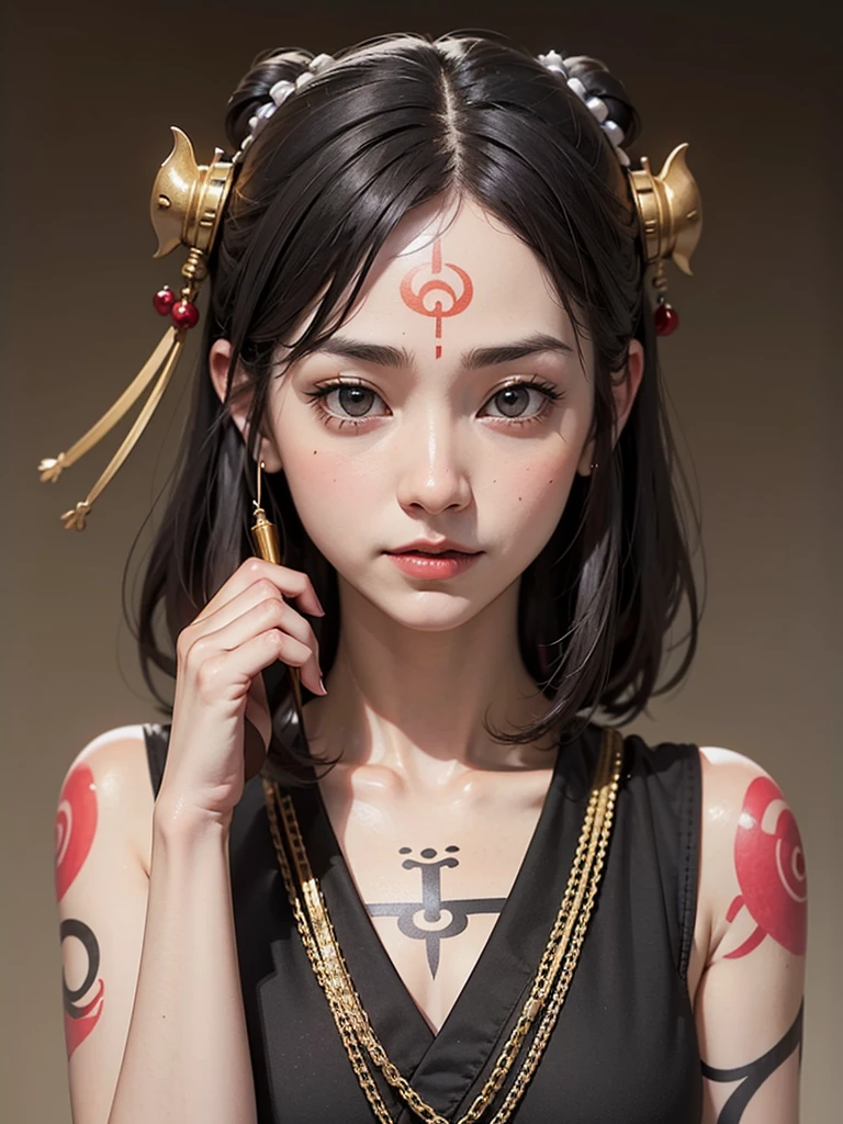 Professional drawing with colored pencils. A heavily tattooed geisha, With a strange expression and a large knife in his hand. Japan and European style. Moderate nuance color, Contrasting colors. Some doodle style and vector art. ((Best Quality))