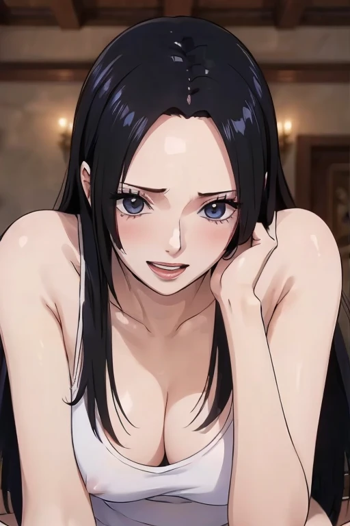 (((masterpiece))), (((best quality))), ((ultra-detailed)), (highly detailed CG illustration), Boa Hancock, (nsfw:1.4), (masterpiece:1.5), Detailed Photo, Smiling, Sexy, (Best Quality: 1.4), (1girl), Beautiful Face, (Black Hair, long Hair: 1.3), Beautiful Hairstyle,  beautiful detail eyes, (realistic skin), beautiful skin, absurd, attractive, ultra high resolution, high definition, (sexually aroused:1.5), Pinkish white skin, cool white light, sexy pose, Beautiful , white background, pink soft white light, Wear a white tank top,