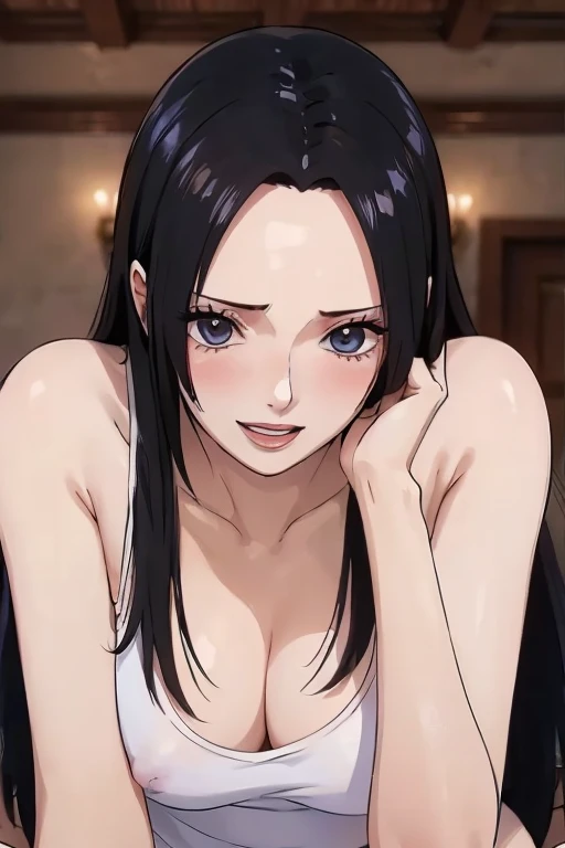 (((masterpiece))), (((best quality))), ((ultra-detailed)), (highly detailed CG illustration), Boa Hancock, (nsfw:1.4), (masterpiece:1.5), Detailed Photo, Smiling, y, (Best Quality: 1.4), (1girl), Beautiful Face, (Black Hair, long Hair: 1.3), Beautiful Hairstyle, beautiful detail eyes, (realistic skin), beautiful skin, absurd, attractive, ultra high resolution, high definition, (sexoused:1.5), Pinkish white skin, cool white light, sexy pose, utiful , white background, pink soft white light, Wear a white tank top,