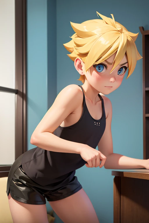 boy, slim, Cute, bright eyes, Short blond hair, in your bedroom, looks at the viewer, shy, mesh tank top
