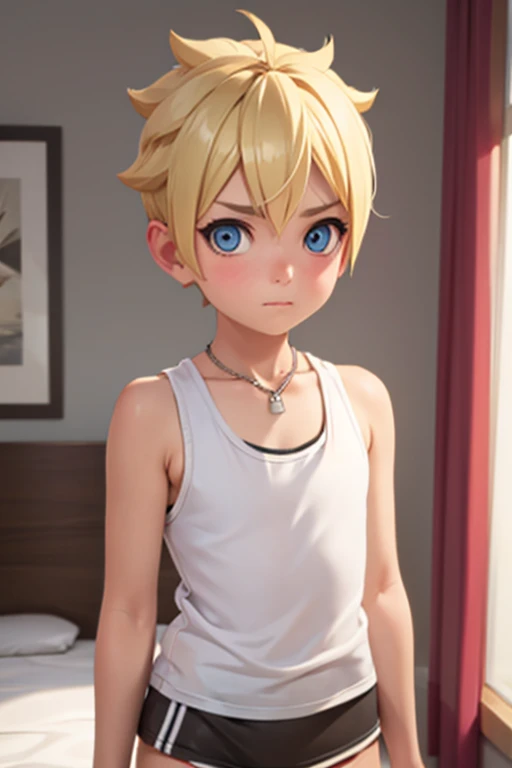 boy, slim, Cute, bright eyes, Short blond hair, in your bedroom, looks at the viewer, shy, mesh tank top